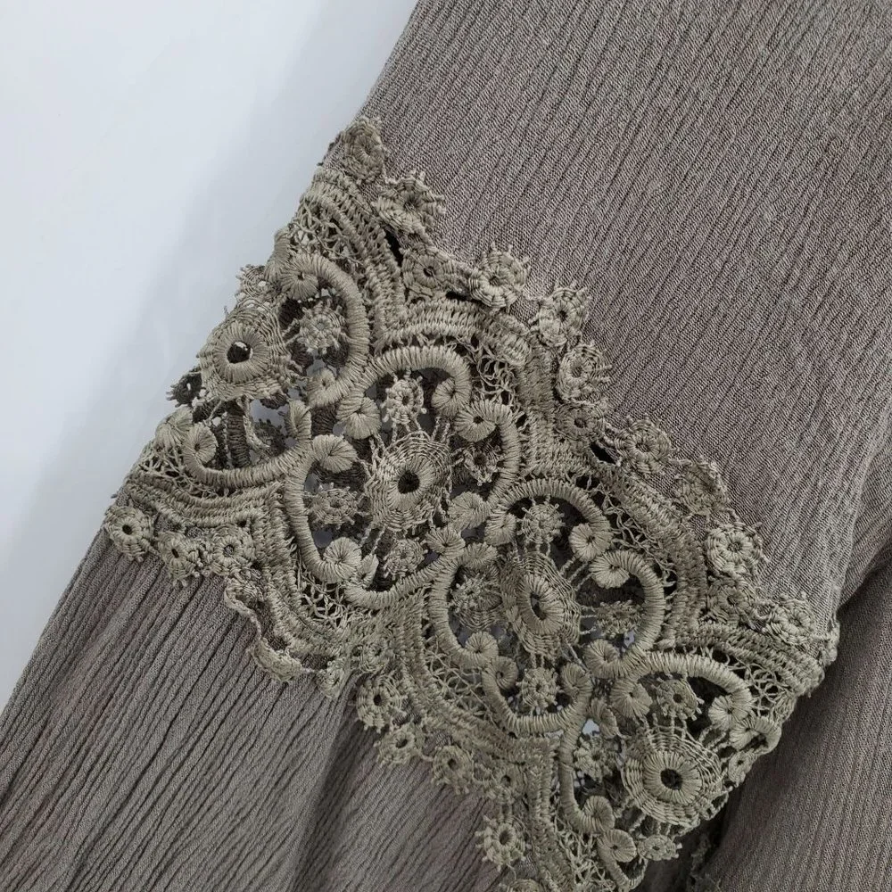 Umgee Womens Off The Shoulder Boho Top Size M Olive Green Embroidered 3/4 Sleeve